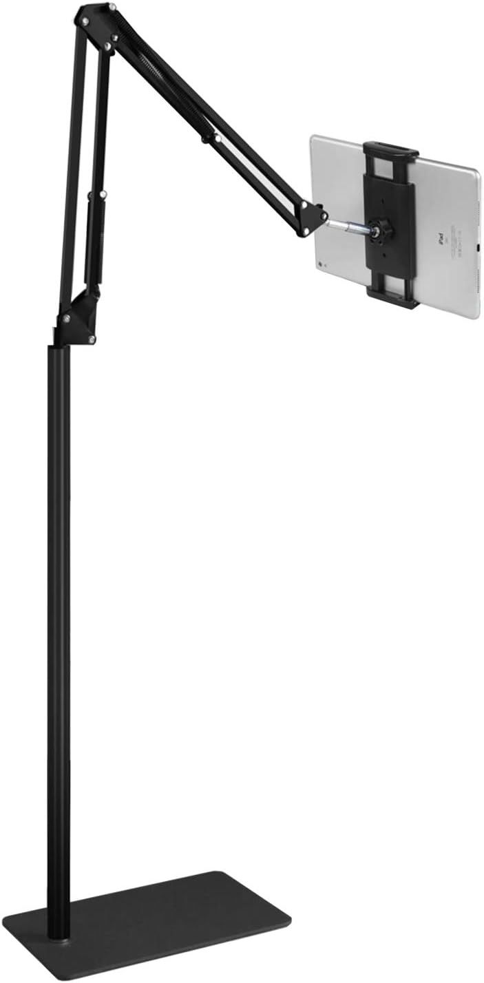 Shows the core product, a floor-standing tablet mount with articulating arm, to communicate its design and functionality for hands-free tablet viewing. Demonstrates the product's adjustable…