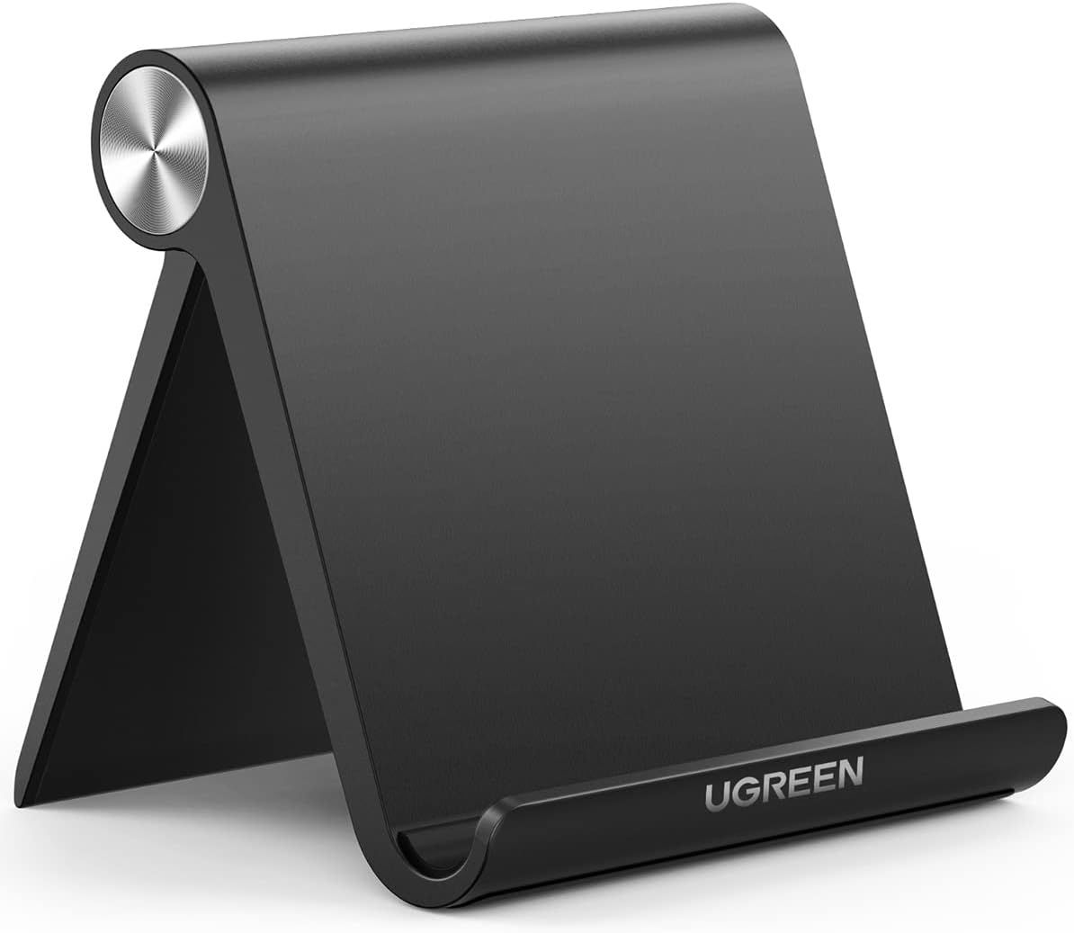 Displays the core product, a sleek adjustable phone or tablet stand, showcasing its modern design and quality construction to communicate value and functionality. Uses a gradient background…