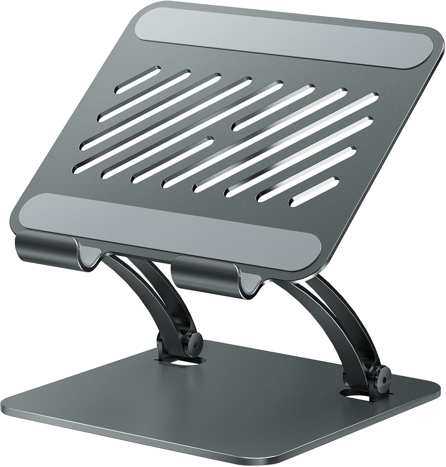 Shows the core product—an adjustable laptop stand with ventilation slots—to communicate its ergonomic design and cooling functionality. Demonstrates the stand's adjustable hinge mechanism and…