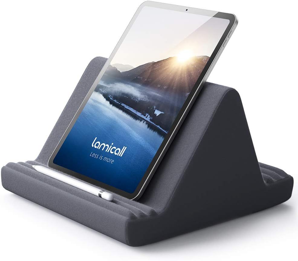 Shows the core product—a tablet stand holding a tablet—to communicate its function as a hands-free viewing solution with an angled design for comfortable use. Demonstrates how the stand holds and…