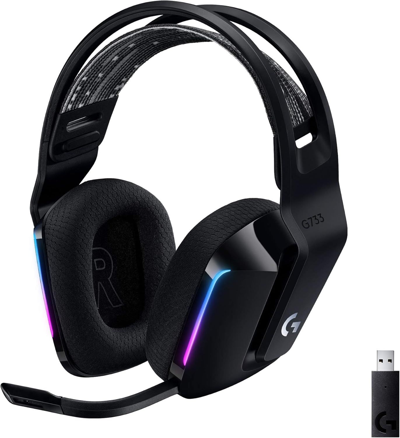 Displays the core gaming headset product with its key features including RGB lighting, wireless USB dongle, and premium design to communicate the product's gaming-focused capabilities and aesthetic…