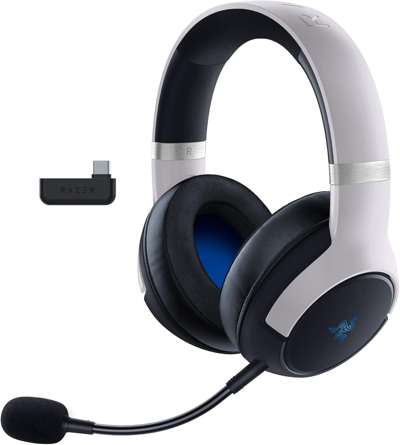 Displays the core gaming headset product with its included wireless USB adapter, showing the complete package the shopper will receive. Shows that the headset comes with a wireless USB adapter…