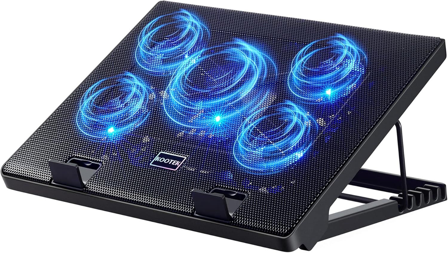 Displays the core product, a laptop cooling pad with five illuminated blue LED fans, showing its design and cooling capability to reassure shoppers of its functionality. Demonstrates the product in…