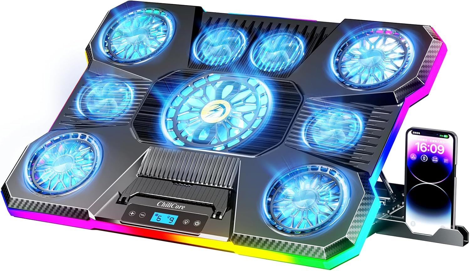 Showcases the laptop cooling pad with its prominent RGB lighting effects and multiple fan design to communicate premium gaming aesthetics and powerful cooling capability. Uses dramatic glowing blue…