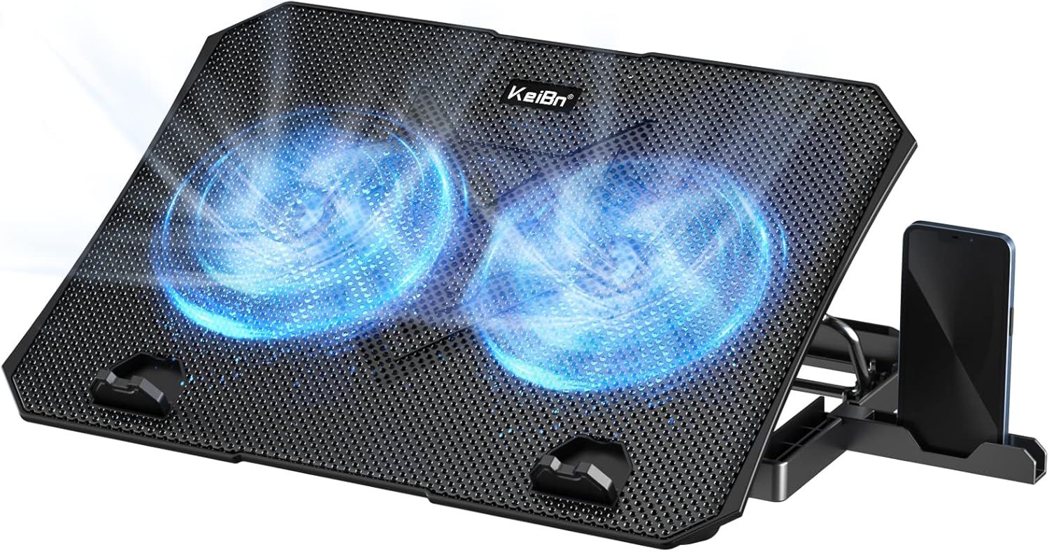 Shows the core laptop cooling pad product with its prominent dual-fan design and blue LED lighting to communicate its cooling capability and aesthetic appeal. Demonstrates the product actively…