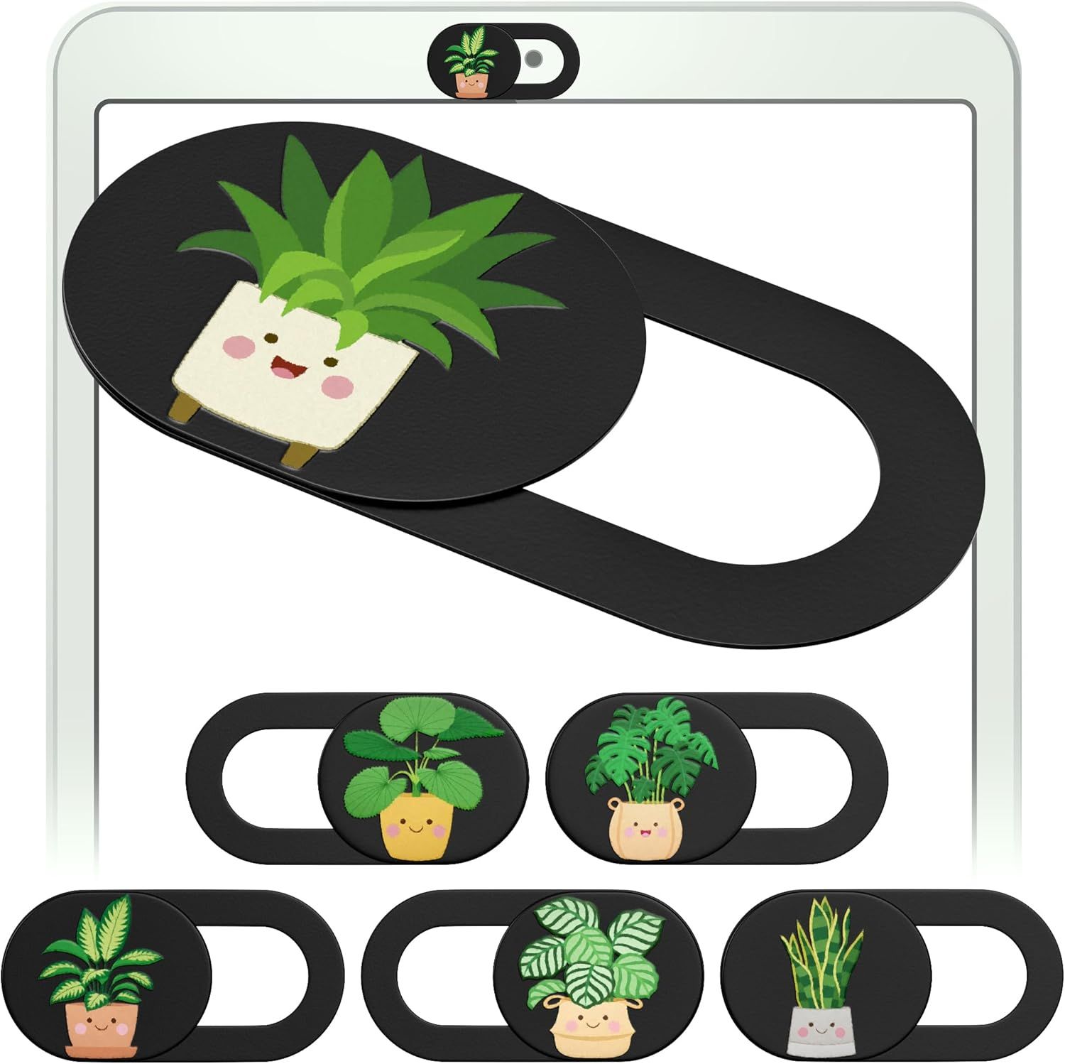 Shows the different cute plant character designs available as selectable options for the webcam cover, allowing shoppers to choose their preferred style. Displays the core product - a sliding webcam…