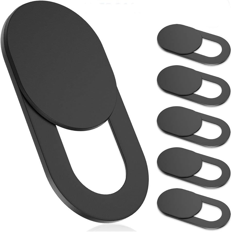 Shows the core product—a set of webcam privacy covers with sliding mechanisms—clearly displayed to communicate what the buyer will receive. Uses drop shadows and subtle reflections to give the…
