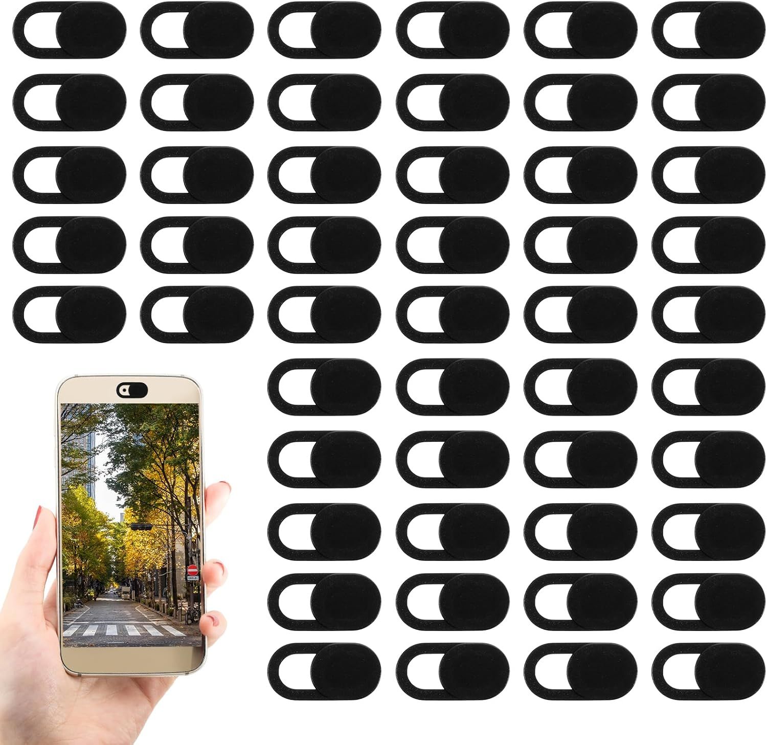 Shows the core product—sliding webcam privacy covers—in a large quantity multi-pack format, demonstrating the volume included and the product's simple design. Demonstrates how the privacy cover…