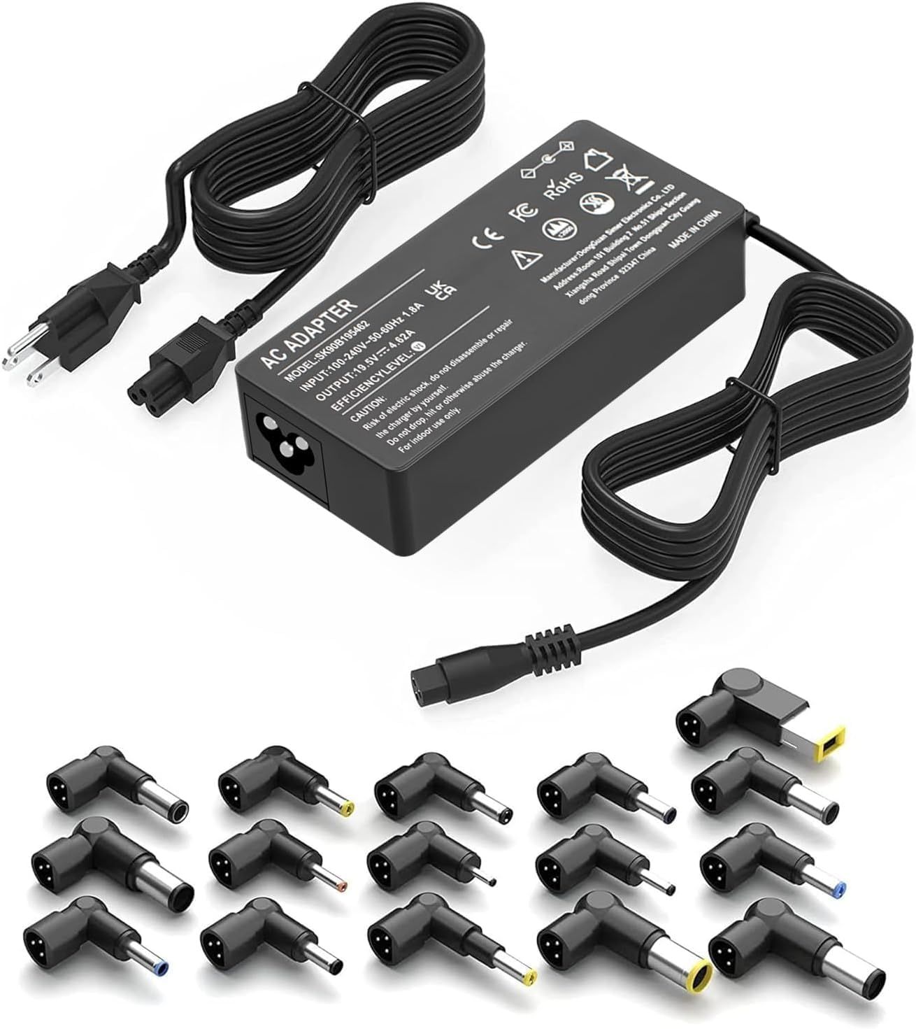 Shows the complete AC adapter product with all included connector tips to communicate compatibility with multiple devices and provide a clear view of what the buyer receives. Displays the variety of…