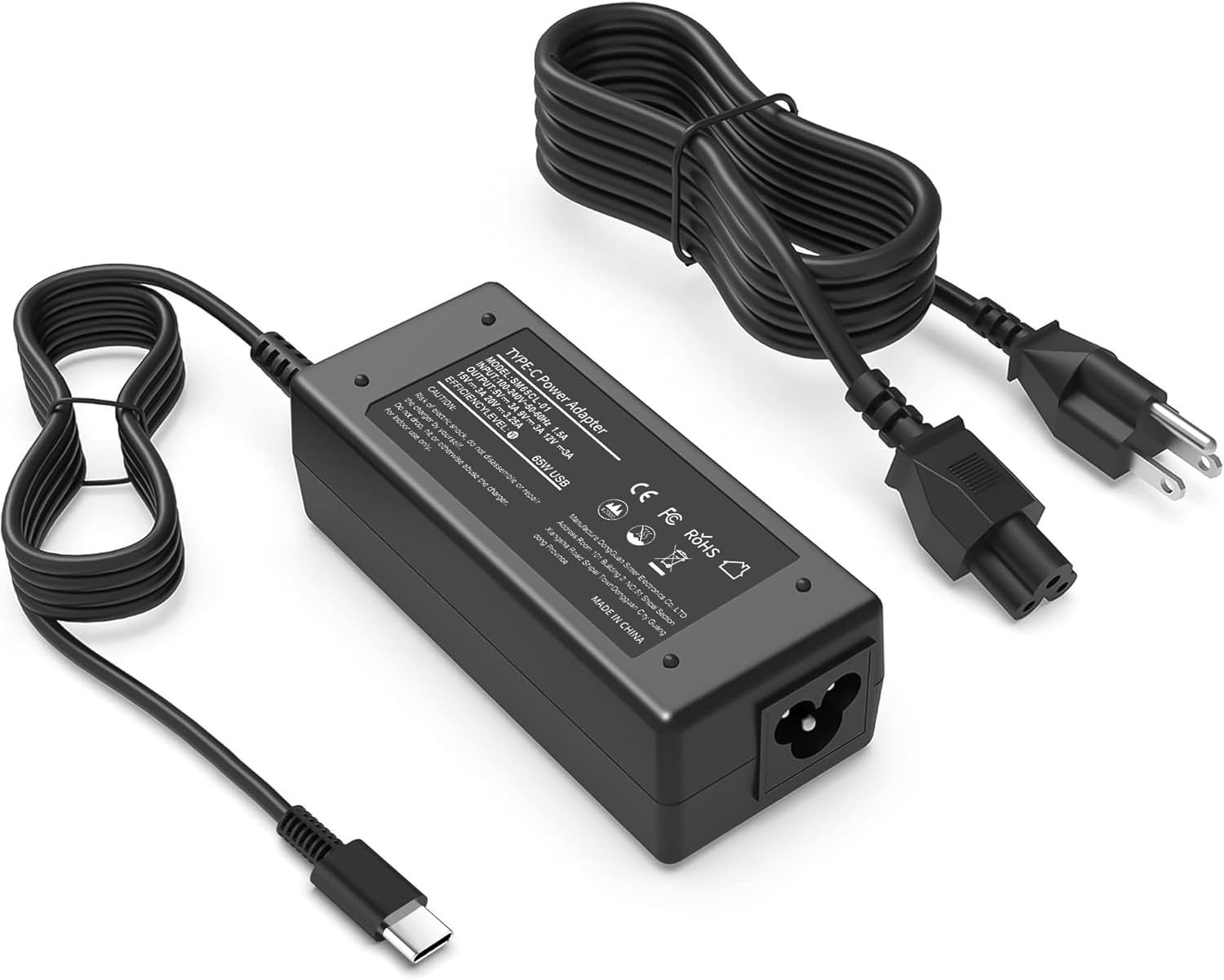 Displays the complete power adapter unit with all included cables to show the shopper exactly what they will receive and how the components connect together.