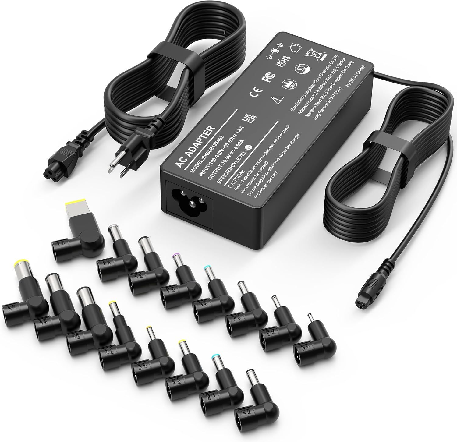 Shows the complete AC adapter kit with all included components to communicate the product's versatility and compatibility with multiple devices. Displays the extensive collection of included adapter…