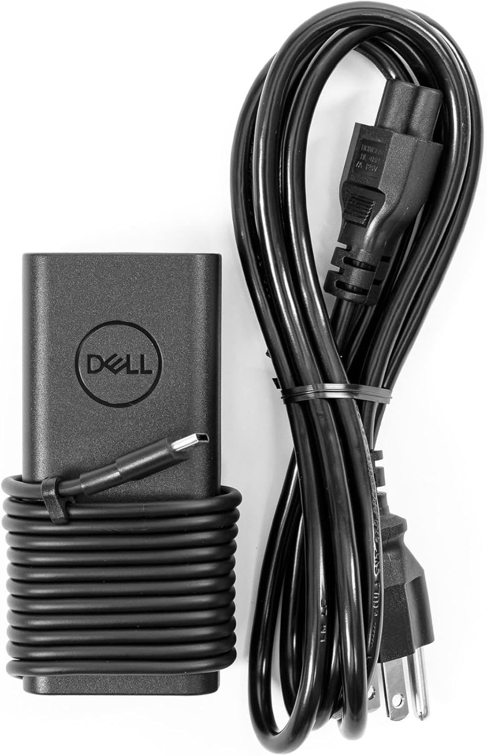 Shows the complete Dell laptop charger set including both the power adapter and AC cable to communicate what is included in the purchase. Demonstrates that the purchase includes both the main…