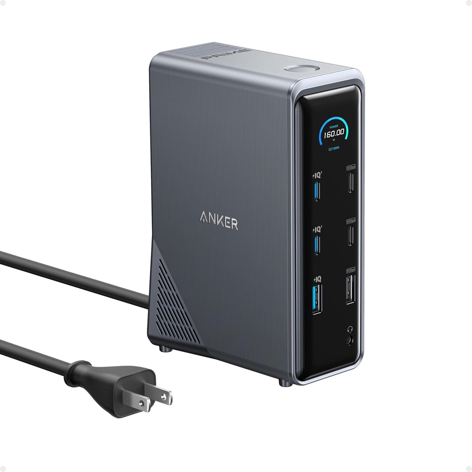 Shows the core Anker charging station product with its multiple USB ports and digital power display to communicate its multi-device charging capability and power output monitoring.