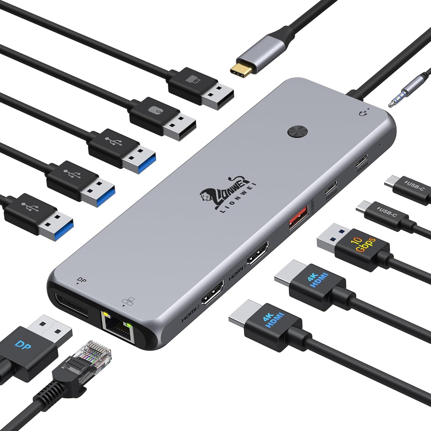 Displays the core product, a USB hub with various ports (USB-A, USB-C, HDMI, DisplayPort, Ethernet, audio jack), along with all compatible cables to show connectivity versatility and compatibility.…