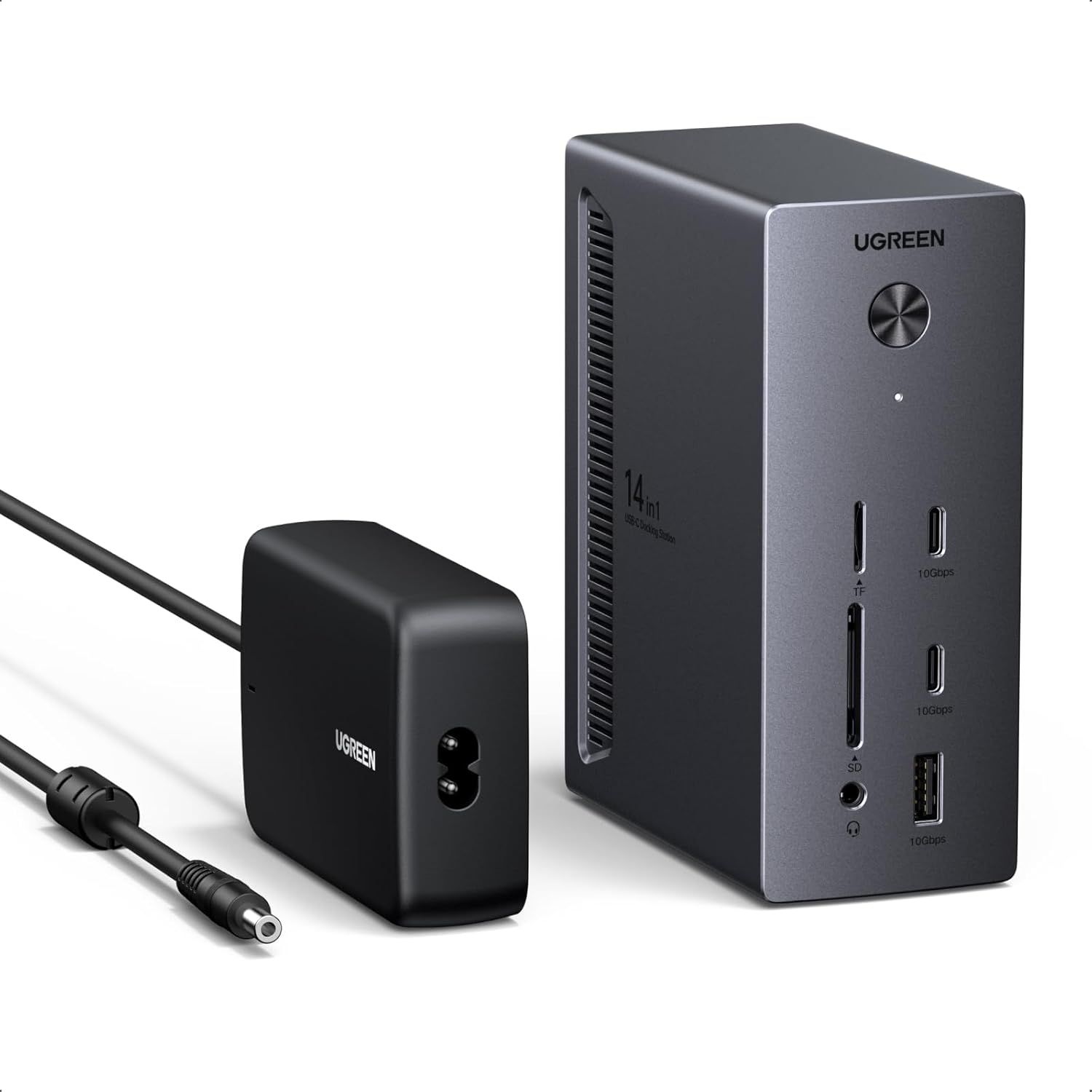 Shows the core product - a UGREEN docking station with multiple ports (USB, HDMI, SD card slots) and its included power adapter, clearly displaying the connectivity options available to the shopper.…