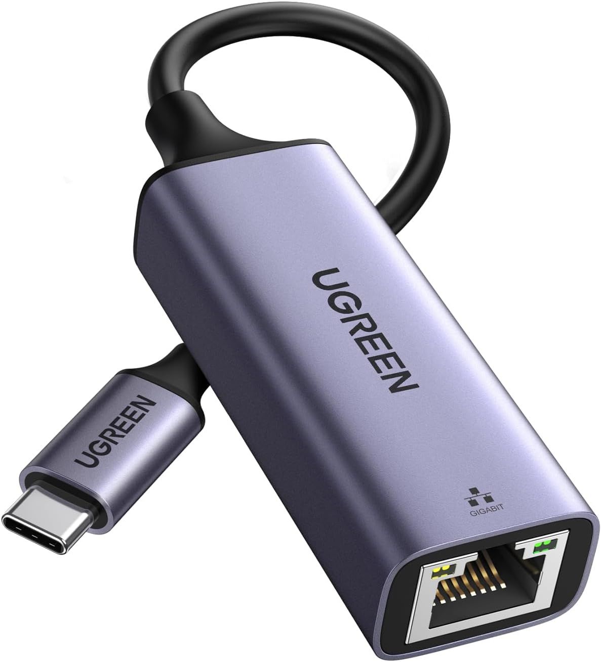 Shows the core product clearly on a white background to help shoppers understand what they are purchasing: a USB-C to Ethernet adapter with gigabit capability.
