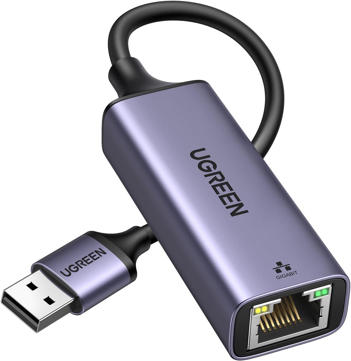 Shows the core product clearly on a white background to communicate what the shopper is purchasing: a USB to Ethernet adapter with gigabit capability.