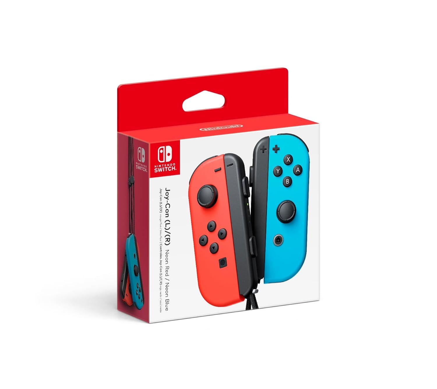 Displays the core product (Joy-Con controllers in Neon Red and Neon Blue) clearly in its retail packaging to show shoppers exactly what they are purchasing. Shows the official Nintendo retail…