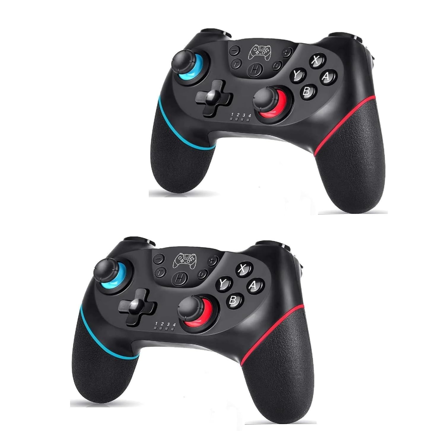 Displays the core gaming controller product with its distinctive blue and red accent lighting and ergonomic grip design to show shoppers exactly what they will receive. Uses subtle drop shadows…