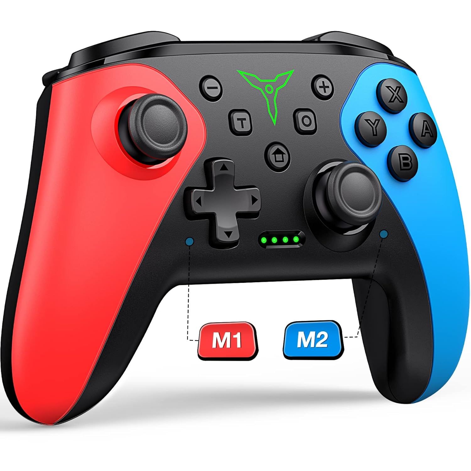 Displays the core gaming controller product with its distinctive red and blue color scheme, showing all buttons and controls clearly to help shoppers understand what they are purchasing. Uses…