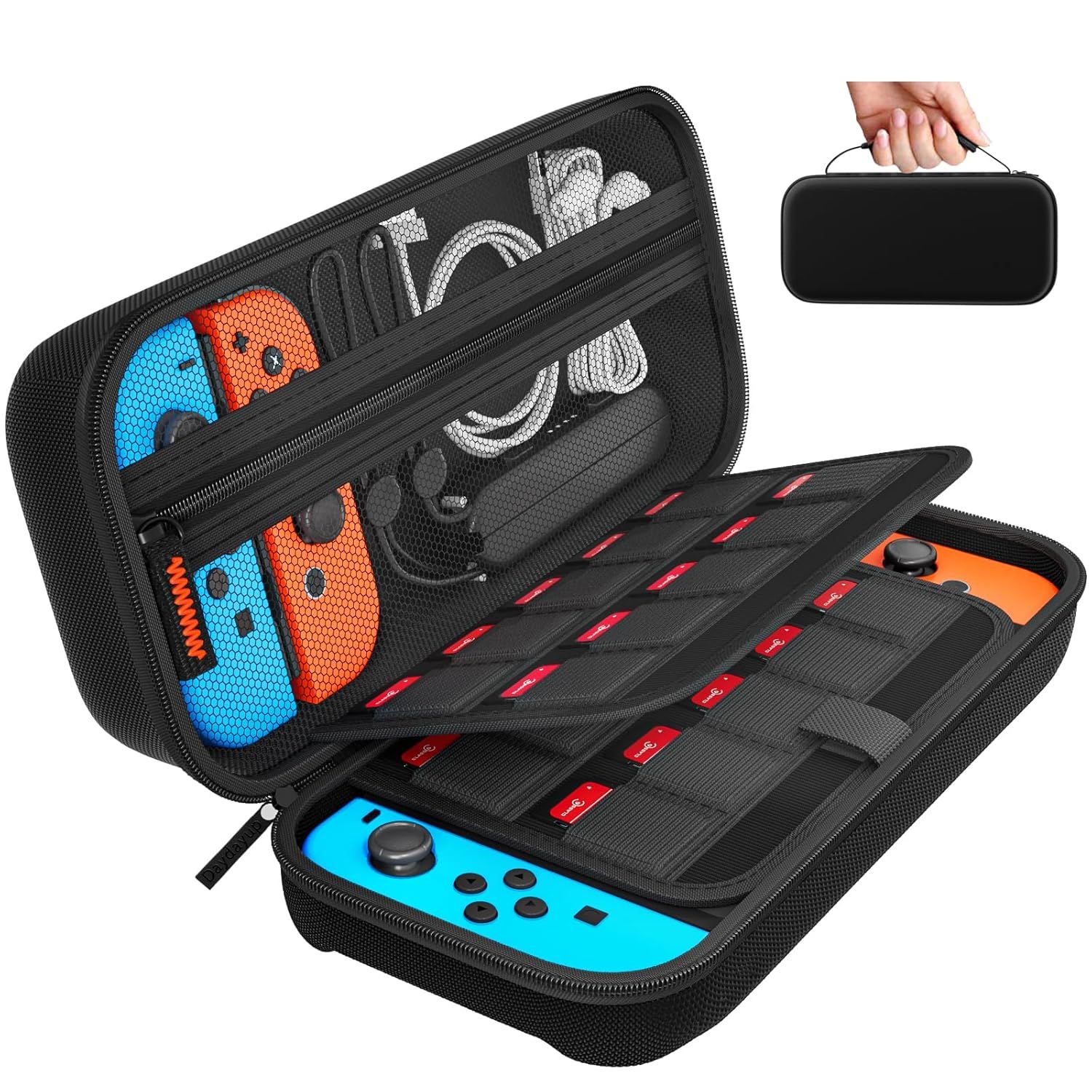 Shows the protective carrying case designed for Nintendo Switch, displaying its interior organization with elastic straps for game cartridges, mesh pockets for cables and accessories, and secure…