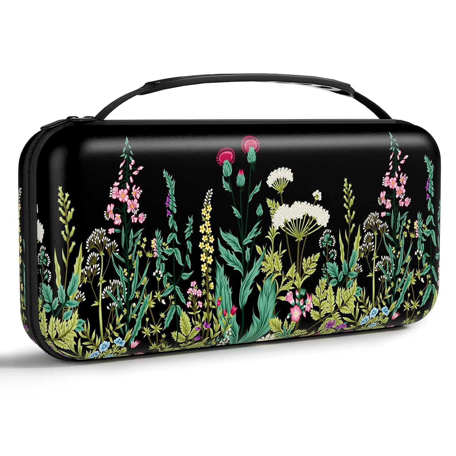 Displays the core product, a carrying case with an attractive floral pattern on a black background, allowing shoppers to see the design and form factor clearly. Uses a subtle drop shadow beneath the…