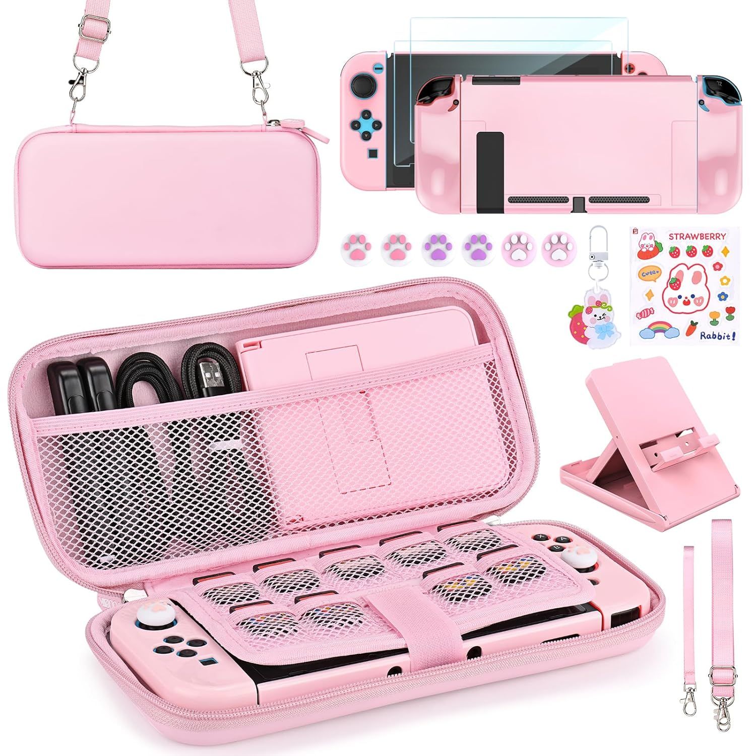 Communicates that this is a comprehensive accessory kit for a gaming console, showing all included items—carrying case, protective covers, screen protector, thumb grips, stickers, strap, and…