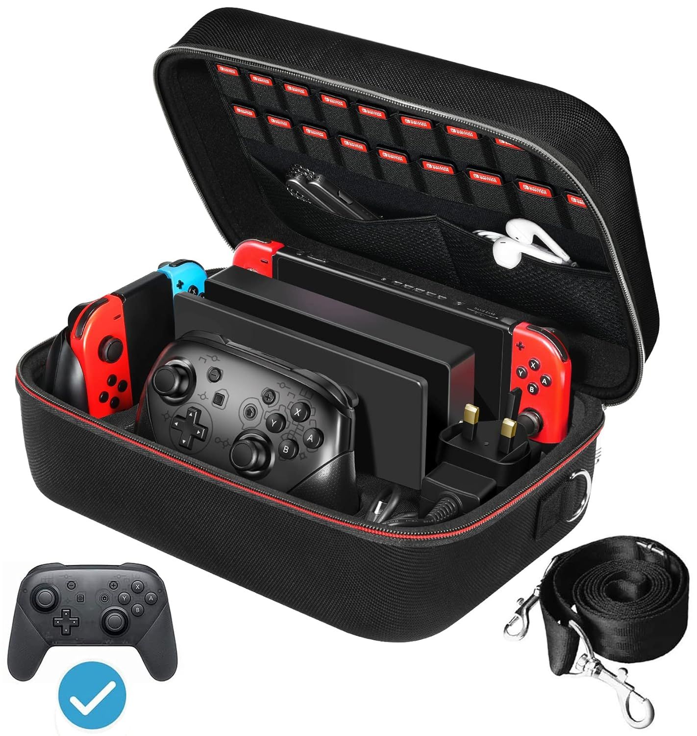 Shows the carrying case with gaming console and accessories neatly organized inside, demonstrating the product's storage capacity and protective design to reassure buyers that their gaming equipment…