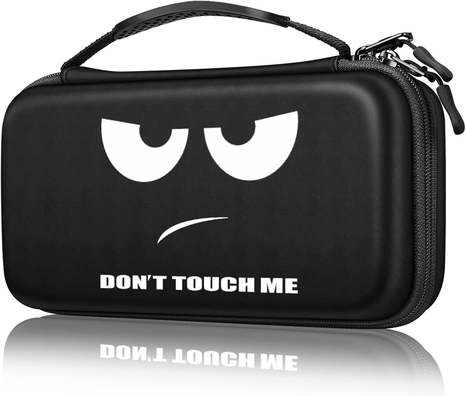 Shows the core product, a hard-shell carrying case with a handle and zipper, clearly displaying its protective design and portability for storing small electronics or accessories. Features a playful…