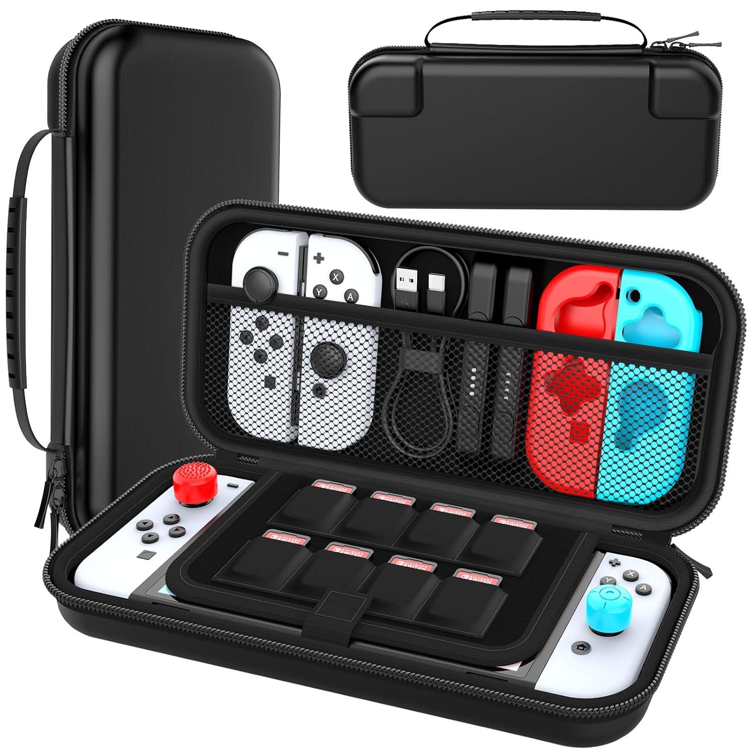 Shows the carrying case product with its interior organization system, demonstrating how it protects and stores a gaming console, controllers, game cartridges, and accessories in dedicated…