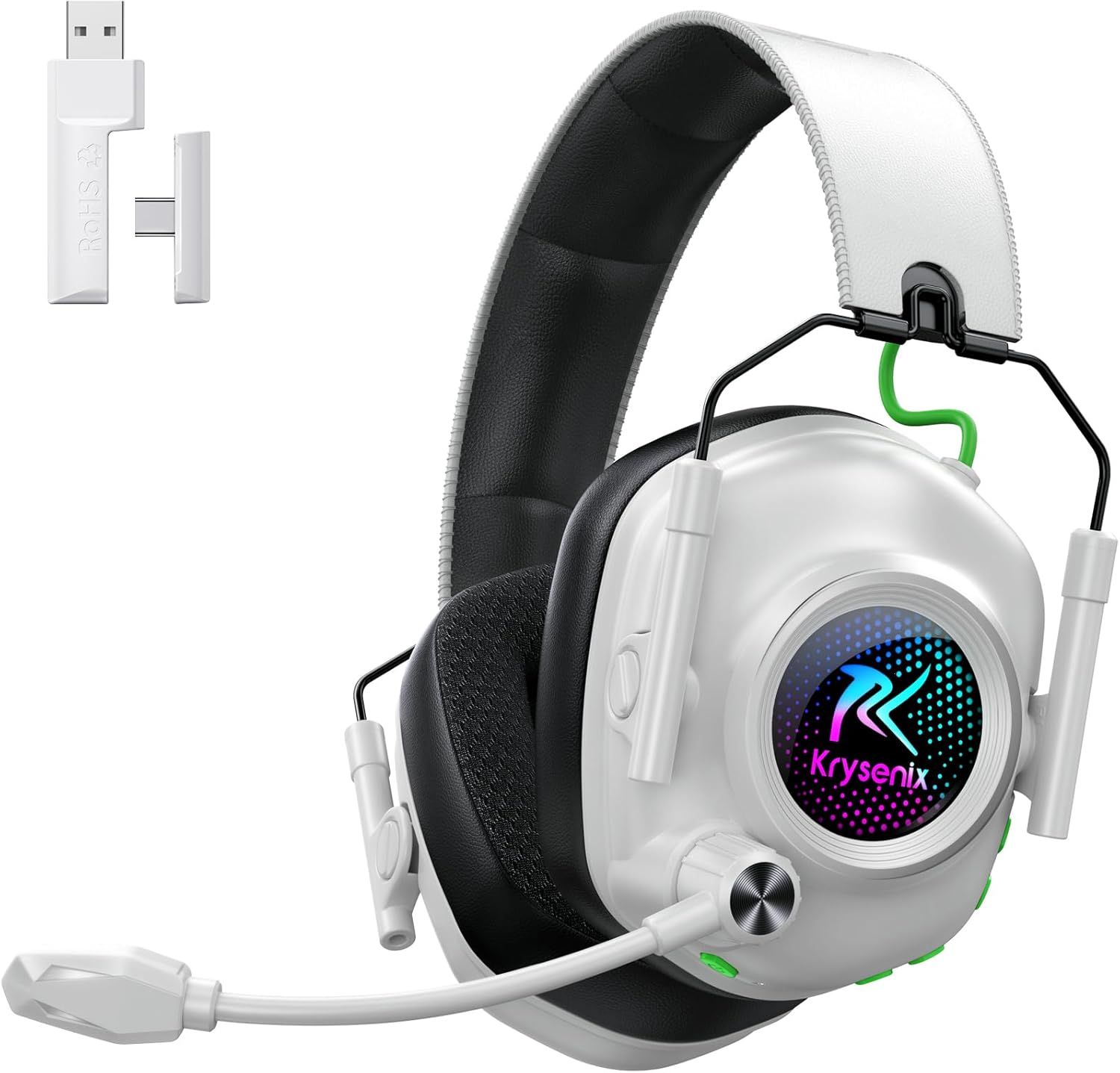 Displays the core gaming headset product with its wireless USB adapter, showing the white and black design with RGB lighting to communicate the product's gaming aesthetic and wireless connectivity…