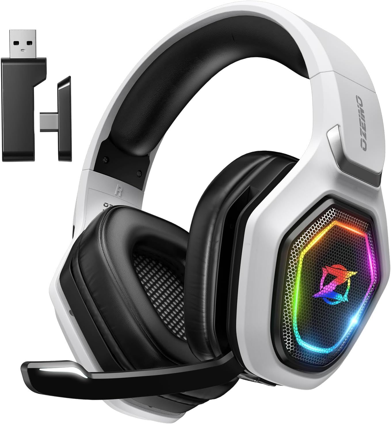 Displays the core gaming headset product with its distinctive RGB lighting feature and wireless USB dongle to show shoppers exactly what they will receive. Shows the included wireless USB dongle…