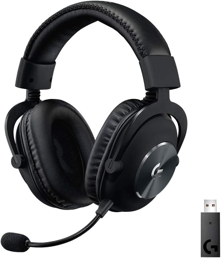 Displays the core product clearly on a white background to show the headset design, ear cushions, adjustable headband, boom microphone, and included USB adapter. Shows the included USB wireless…