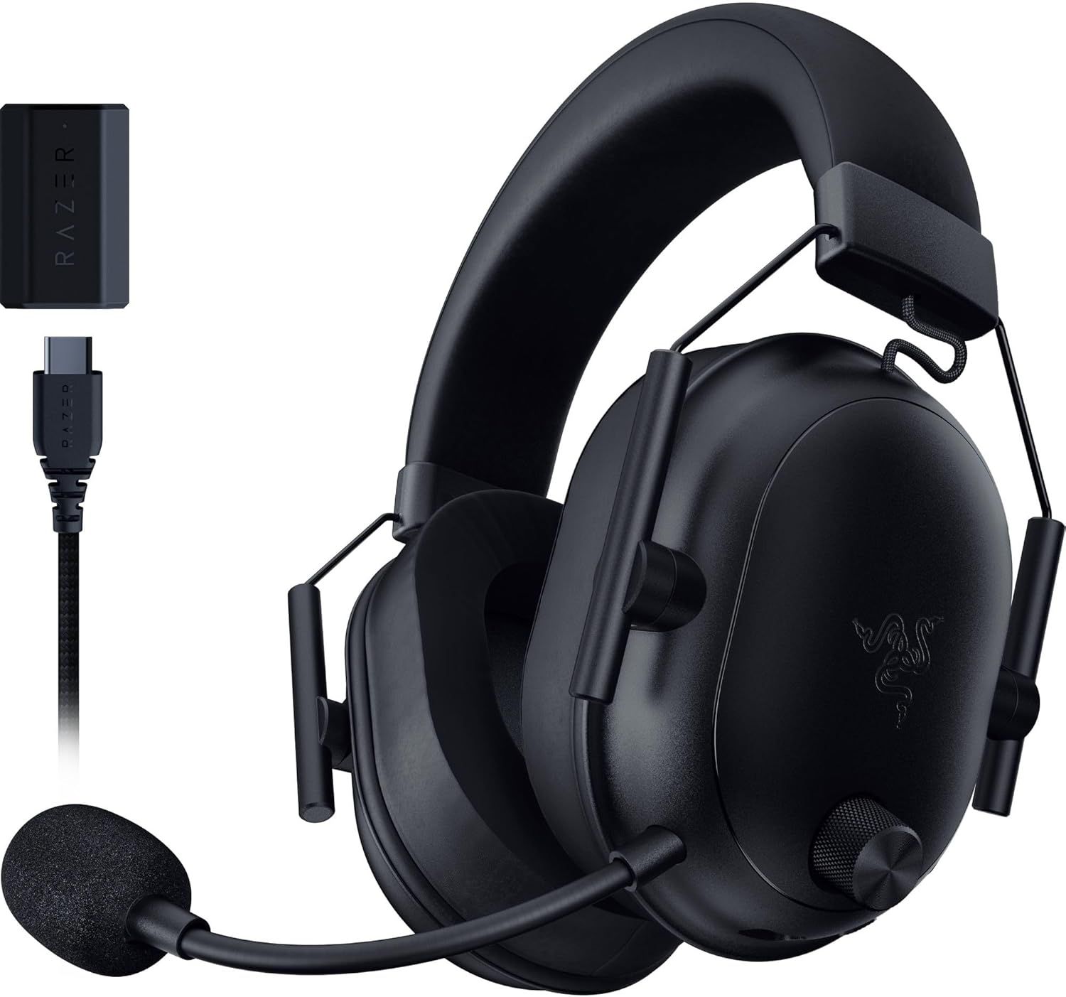 Displays the core gaming headset product with its attached microphone and included wireless adapter and USB cable, showing shoppers exactly what they will receive. Shows the included accessories…