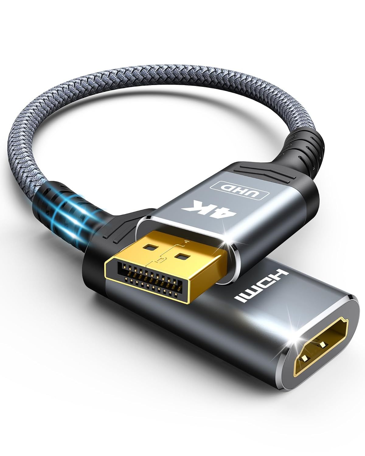 Shows the HDMI adapter cable with premium braided construction and gold-plated connectors to communicate quality and durability to shoppers looking for a reliable connection solution. Uses sparkle…