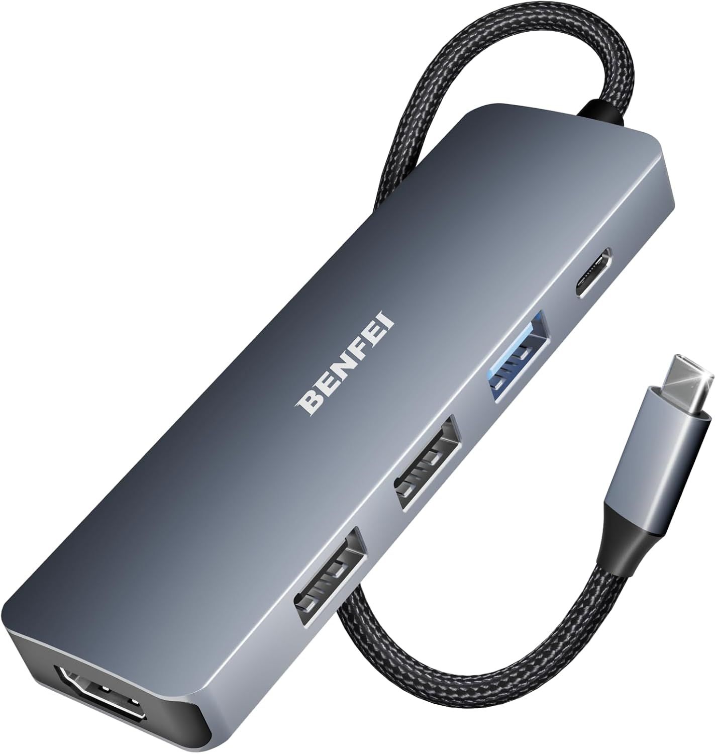 Shows the core product clearly on a clean white background, allowing shoppers to see the hub's design, ports, and attached cable.