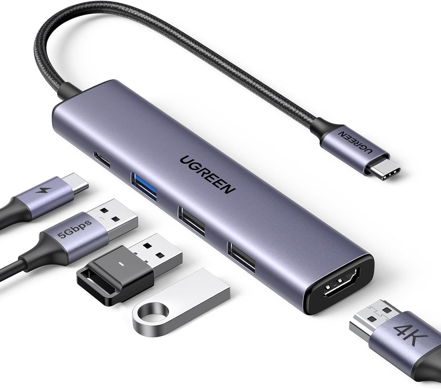 Shows the core product, a UGREEN USB-C hub with multiple connectivity ports, clearly displaying its design and available connections to help shoppers understand what they are purchasing. Displays…