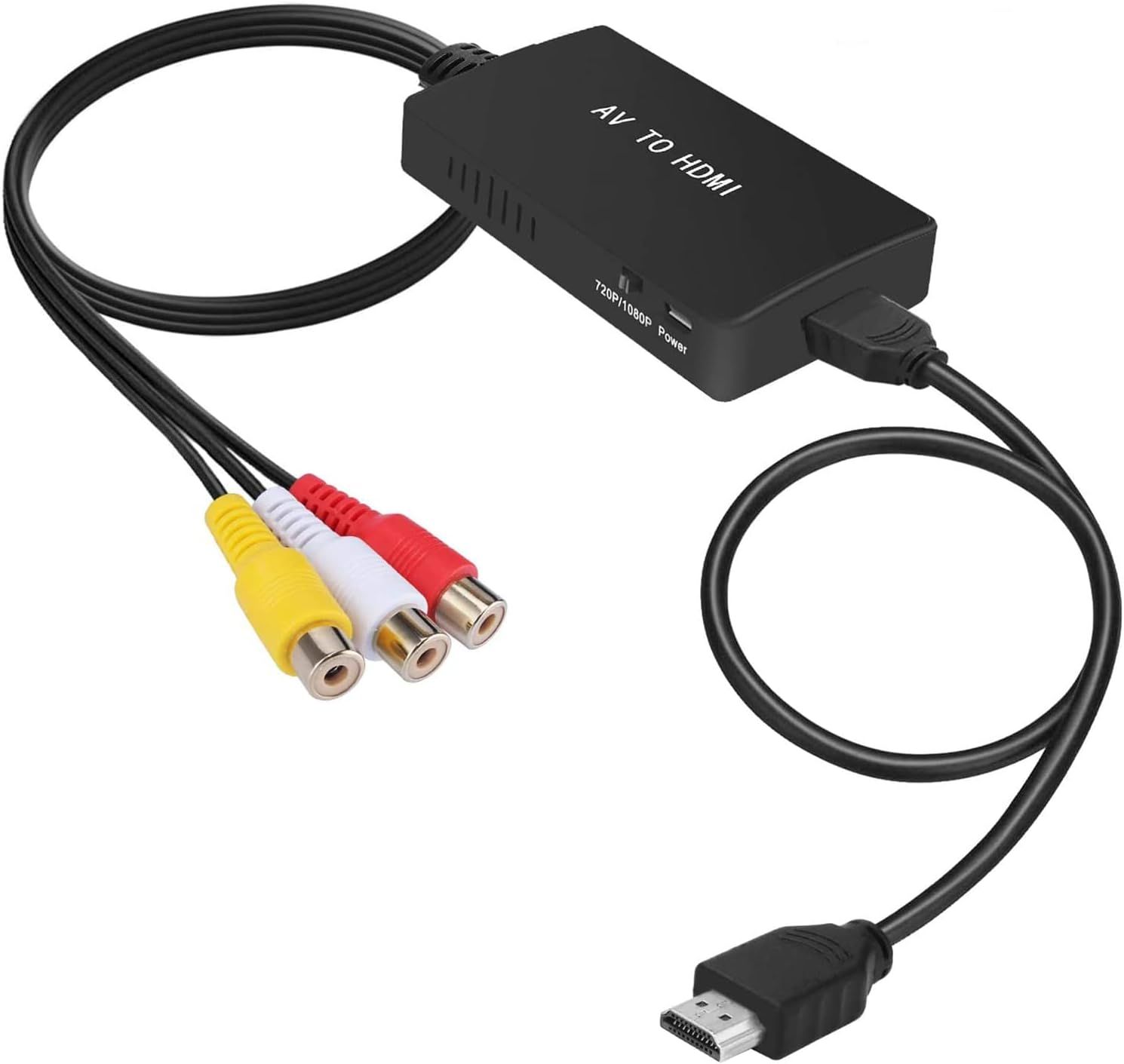 Shows the core product clearly on a white background to communicate what the shopper will receive: an AV to HDMI converter with attached cables and connectors.