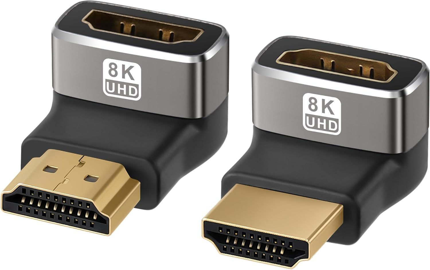 Displays the core product, a pair of HDMI adapters with 8K UHD capability, clearly showing the connectors and premium build quality to help shoppers understand what they are purchasing. Uses a…