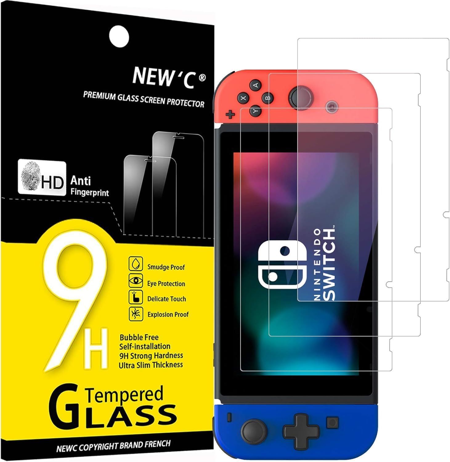 Shows the core product—a tempered glass screen protector for Nintendo Switch—alongside the device it protects, demonstrating fit and clarity to reassure shoppers of compatibility and quality.…