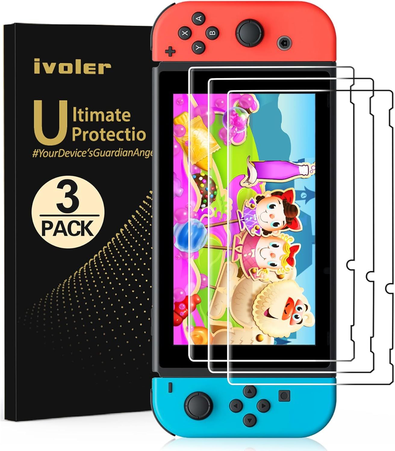 Shows the core product - a 3-pack of screen protectors for Nintendo Switch - clearly displayed with the gaming device to demonstrate fit and compatibility. Displays the retail packaging box…