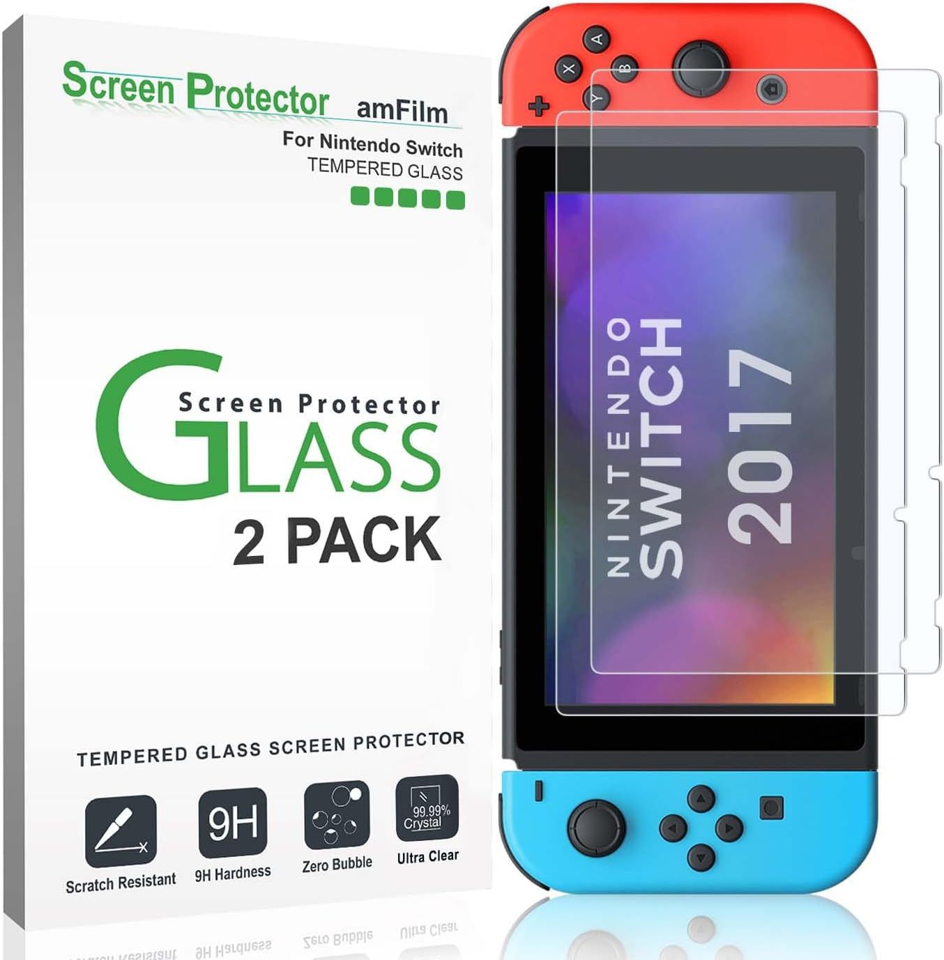 Shows the core product (screen protector) applied to a Nintendo Switch console alongside its retail packaging to demonstrate fit and what the buyer receives. Displays the physical retail packaging…