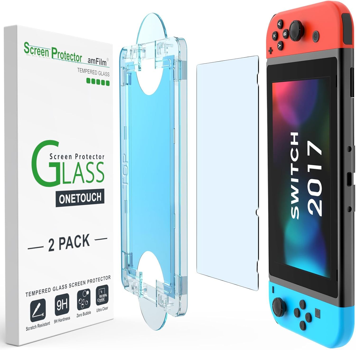 Shows the complete product bundle including the Nintendo Switch 2017 console, a clear protective case, and tempered glass screen protectors to communicate what the shopper will receive. Displays the…