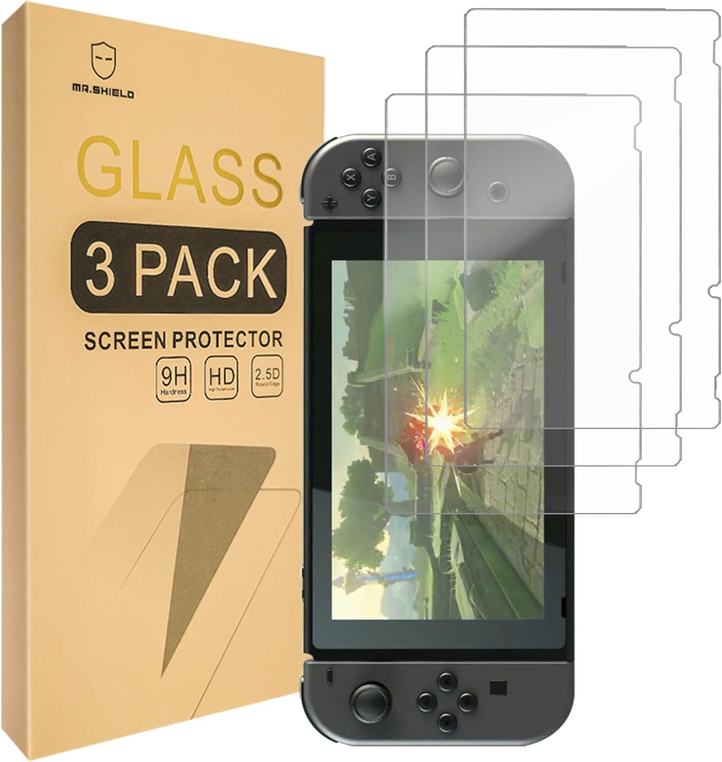 Shows the core product - a 3-pack of tempered glass screen protectors for Nintendo Switch - displayed with the retail packaging and the protectors themselves to communicate what the buyer receives.…
