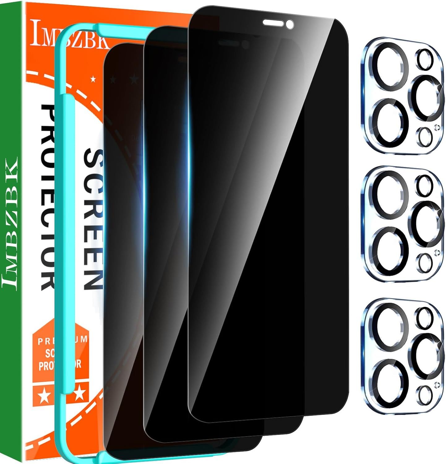 Displays the core sellable product—privacy screen protectors and camera lens protectors for iPhone—clearly showing what the buyer will receive. Shows the retail packaging box to reassure shoppers…