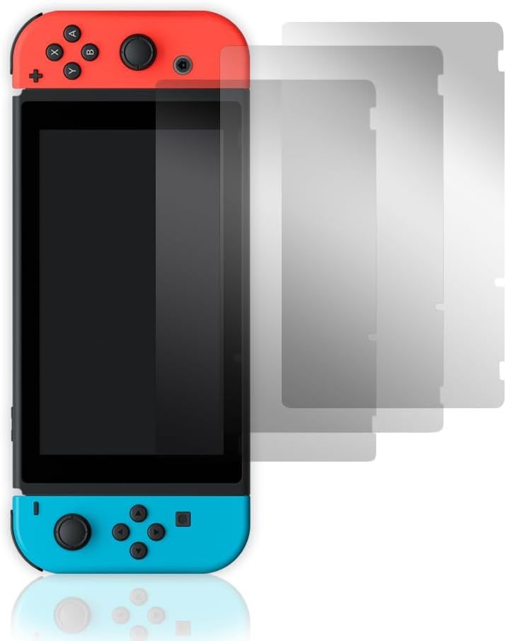 Shows the core product, a handheld gaming console in red and blue, alongside multiple screen protector accessories to communicate what is included in the purchase. Demonstrates that the purchase…