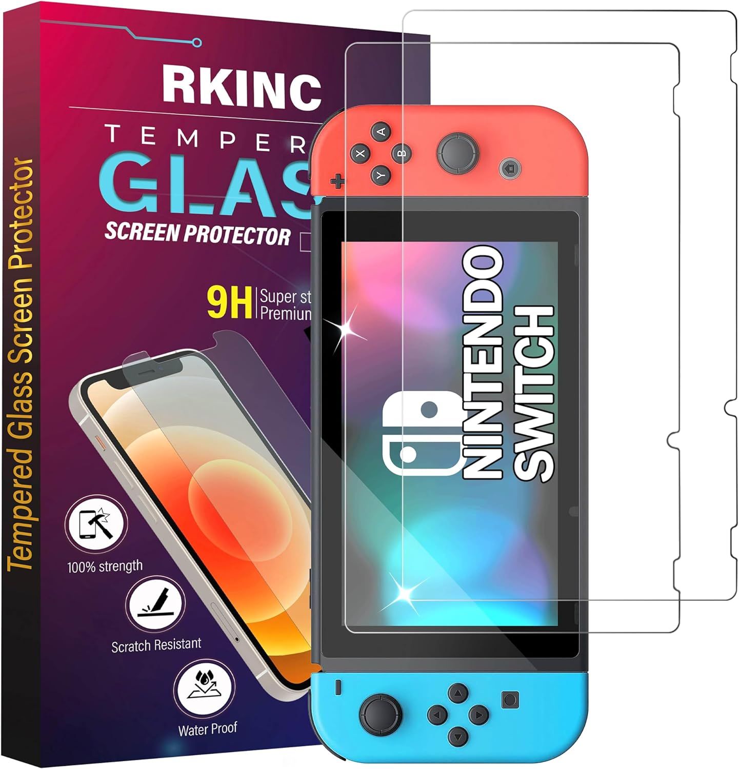 Shows the core product—a tempered glass screen protector for Nintendo Switch—alongside the retail packaging to communicate what the buyer will receive and the key protective features. Displays the…