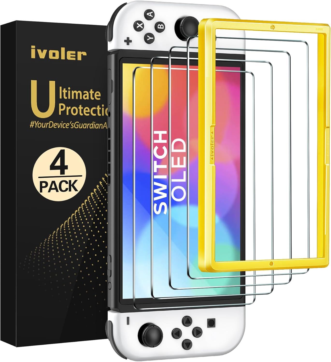 Shows the core product—a 4-pack of screen protectors for the Nintendo Switch OLED—alongside its retail packaging to communicate what the buyer receives. Displays the branded retail packaging to…