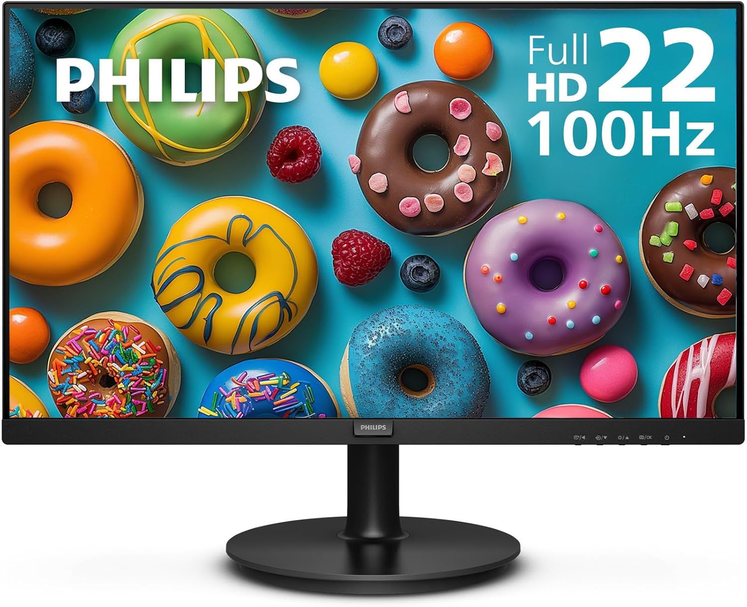 Displays the Philips monitor as the core product with key specifications prominently shown on screen to communicate its size, resolution, and performance capabilities to shoppers. Uses colorful…