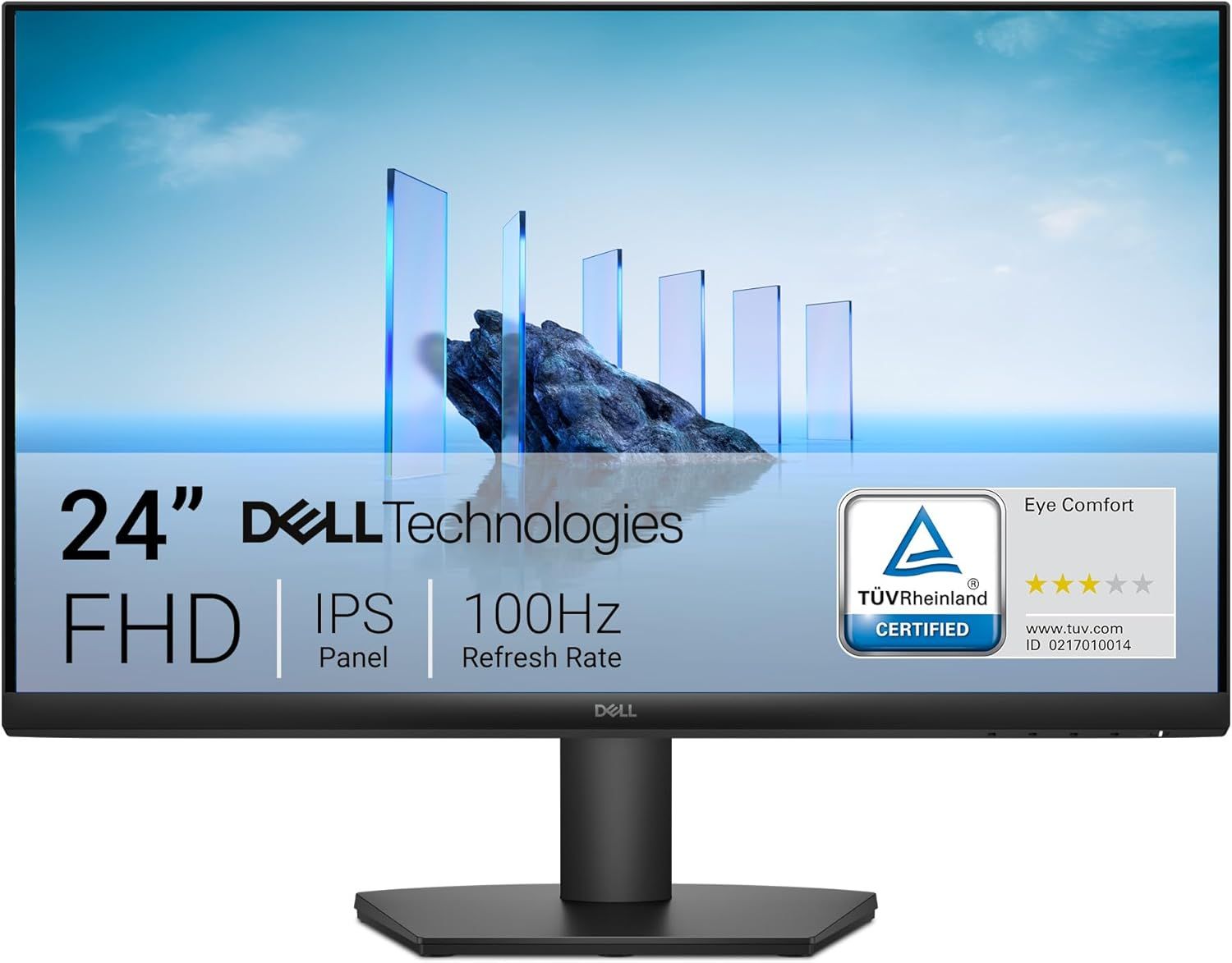 Displays the Dell monitor as the core product with key technical specifications prominently shown on screen to inform shoppers of its display quality and performance features. Shows the TUV…